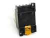 Rear view of Omron PTF14A DIN-mount relay socket showing yellow DIN rail locking clip and mounting rail slot