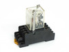 Omron MY4N relay in PYF14A DIN rail socket – left-side three-quarter view showing orange DIN latch lever on socket base