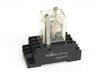 Omron MY4N power relay seated in PYF14A DIN mount socket – front-right three-quarter view showing clear relay body and socket base with MAX 5A 250V rating label
