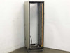 38U rackmount cabinet rear-quarter view showing open rear door and interior rack rails on casters