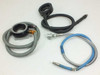Fiber optic flex cables and ring light attachments — gray 42mm cable with broken housing, black 38mm cable with ring mount, blue/silver flex cable