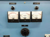 Close-up of Lepel RF heater analog meters — AC Volts, DC Amperes Grid, DC Amperes Plate — with OVLD Reset and Plate On controls