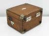 Winslow Co Type 301 cable fault test set — rear/side view of closed oak carrying case showing brass corner fittings, hinges, and asset label