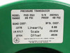 In-Situ PXD-260 pressure transducer label showing Model PXD-260, 20 PSI range, 40 PSI proof, calibration coefficients, and serial number