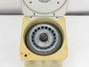 Eppendorf 5415B top-down view with lid open showing installed 24-position aluminum fixed-angle rotor with blue tube slots and missing rotor cap