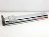 Yamaha LS1BRV-450 FLIP-Series screw-driven linear slide – left side profile view showing aluminum extrusion body and carriage