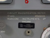 Marconi TF 1245 nameplate close-up showing model number TF 1245, serial number 5260136, Marconi Instruments Ltd England, and SRA Svenska Radioaktiebolaget Stockholm distributor badge