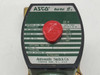 ASCO 8210G34N Red-Hat II solenoid valve nameplate — close-up showing catalog number, 150 PSI oxygen rating, 10.1 watts, 1/2 in pipe, NEMA enclosure types, date code 9607, made by Automatic Switch Co.