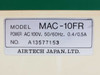 Airtech MAC-10FR rating plate closeup — model MAC-10FR, AC 100V 50/60Hz 0.4/0.5A, serial A13577153, Airtech Japan Ltd.