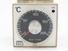 Omron E5C2 temperature controller front panel close-up showing analog dial 0–200°C scale, Pt100Ω input, ON indicator