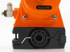 Georg Fischer +GF+ pneumatic actuator bottom view showing ZU/CLOSE label and black PVC mounting plate base detail