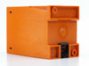 IFM Electronic VS 0200 SY 0101 flow controller – rear and bottom view showing orange enclosure, DIN rail clip mount, and side vents