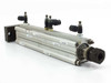 SMC dual pneumatic cylinder assembly — right side view showing opposite end with rod extension and mounting block