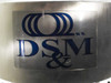 Close-up of DSM brand logo decal on stainless steel hopper body