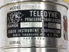 Teledyne Taber 206-SA label closeup showing Model 206-SA, Range 0-500, 350 ohm, Taber Instrument Corporation North Tonawanda NY, Serial 613984
