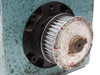 1018 BU-2AA-008-P01-0 Rotary Indexing Drive — close-up of timing pulley and keyed input shaft showing red position markings and wear