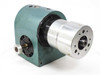 1018 BU-2AA-008-P01-0 Rotary Indexing Drive — front-right view showing 120mm aluminum part-handling head and side shaft with timing pulley