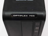Dell OptiPlex 755 front panel badge close-up showing OPTIPLEX 755 nameplate and Express Service Code label