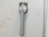 Allen-Bradley door-mounted disconnect operator handle closeup – ON/OFF/OPEN positions labeled, A-B logo on handle, rust spots visible on surrounding door paint
