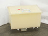 Custom PTFE benchtop wafer etch bath front view with closed lid and handle — label sticker visible on lid