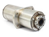Stainless steel rotation drive cylinder – three-quarter front view showing cylindrical body and flanged shaft port end