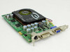 EVGA e-GeForce 7600GT 256MB PCI-E video card – angled top view showing EVGA blower fan cooler, capacitors, DVI, VGA, and S-Video bracket outputs
