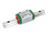 Hiwin HGH15CAH HG15 linear guideway — angled side view showing carriage block seated on 160mm rail with green and red end seals