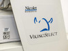 Nicolet Biomedical VikingSelect logo panel closeup — blue Viking helmet logo with Nicolet Biomedical branding