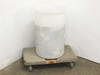Exterior side view of 30-gallon white HDPE tank on a wheeled dolly, RGI label visible on dolly