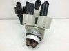 Group of three microscope heads showing zoom bodies and binocular eyepiece assemblies from front-left angle