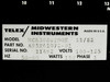 Telex / Midwestern Instruments rating plate — Model MCR308BTD0X, Part No. A95X41072-01, Serial No. 11492, Volts 105-125, Hz 50-60, Watts 150, Phase 1, Made in USA, dated 11/82