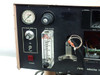 Semiconductor Equipment Corp 4450 front panel close-up — pressure gauge, gas temperature control knob, gas flow rotameter (0–20 scale), ON/OFF toggle, red power button, and 'Semiconductor Corp' branding