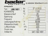 Bader Engineering LWK 149/1 rating plate showing model, serial number, cooling capacity 1150W, voltage 230V, frequency 50/60Hz, and article number 047-100-1491