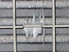 Close-up of Mitsubishi Electric PU18EK condenser coil fins showing physical damage and bent/torn fin material