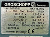 Groschopp motor nameplate on Leybold Trivac D1.6B – showing model OWK 90-60, 100-115V/200-230V, 50/60Hz, 100/120W, 2800/3400 RPM, IP54, thermal protector
