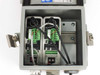 Interior of Wiegmann BN4060604CHWW enclosure showing two Keyence N-R4 communication amplifiers mounted side by side with RS-485 terminal wiring