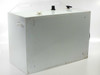 Custom clean room enclosure rear-left side view showing white painted metal sides, top-mounted knobs, and vent/fan grille on right side