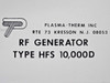 Plasma-Therm HFS 10,000D nameplate label reading 'RF Generator Type HFS 10,000D' with Plasma-Therm Inc. logo and Kresson NJ address