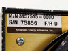 Advanced Energy PE-10/20K model label closeup showing M/N 3157515-000D, S/N 75856, F/R D, and Advanced Energy Industries Inc. manufacturer name
