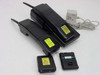 AT&T MDW 9000 cordless phone set – two handsets face down showing battery compartments, charging cradle, AC adapter, and two removed battery packs