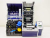 Zebra ZXP Series 8 interior view with covers open showing print head assembly, ribbon path, and laminator rollers