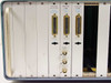 Tekelec TE820B – rear panel close-up of Reception Multiframe, Reception Ligne, and Reception Trame card modules with D-sub and BNC connectors