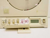 Omega CT508 front lower panel showing PWR switch, Chart Type selector switches, LCD display, and calibration seal sticker