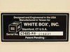 Close-up of White Box Inc. manufacturer label on CT485-RS showing serial number, designed in USA, manufactured in Taiwan, patent pending