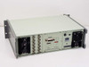 RE 107 Synthesized Signal Generator rear panel overview — multiple BNC connectors on left, IEEE-488 GPIB interface module center, IEC power inlet and exhaust fan on right, rack handles