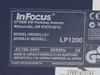 InFocus LP1200 rating label showing Model LP1200, AC100-240V 50/60Hz 5A, Part No. 850C044C10, Made in Japan