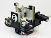 Oriel arc lamp assembly — elevated 3/4 view showing lamp housing, vertical Z-axis post, photodiode mount, XY stage, and rotary base