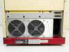 Opcom D.I.A.L. PBX rear panel close-up – dual large cooling fans, parallel port connector visible upper right, and rating/compliance label at base