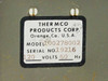 Close-up of Thermco Products Corp nameplate label – Model 100278002, Serial No. 19216, 120 Volts 60 Hz, Orange CA USA