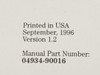 HP 4934A manual close-up of publication data: Printed in USA, September 1996, Version 1.2, Manual Part Number 04934-90016
